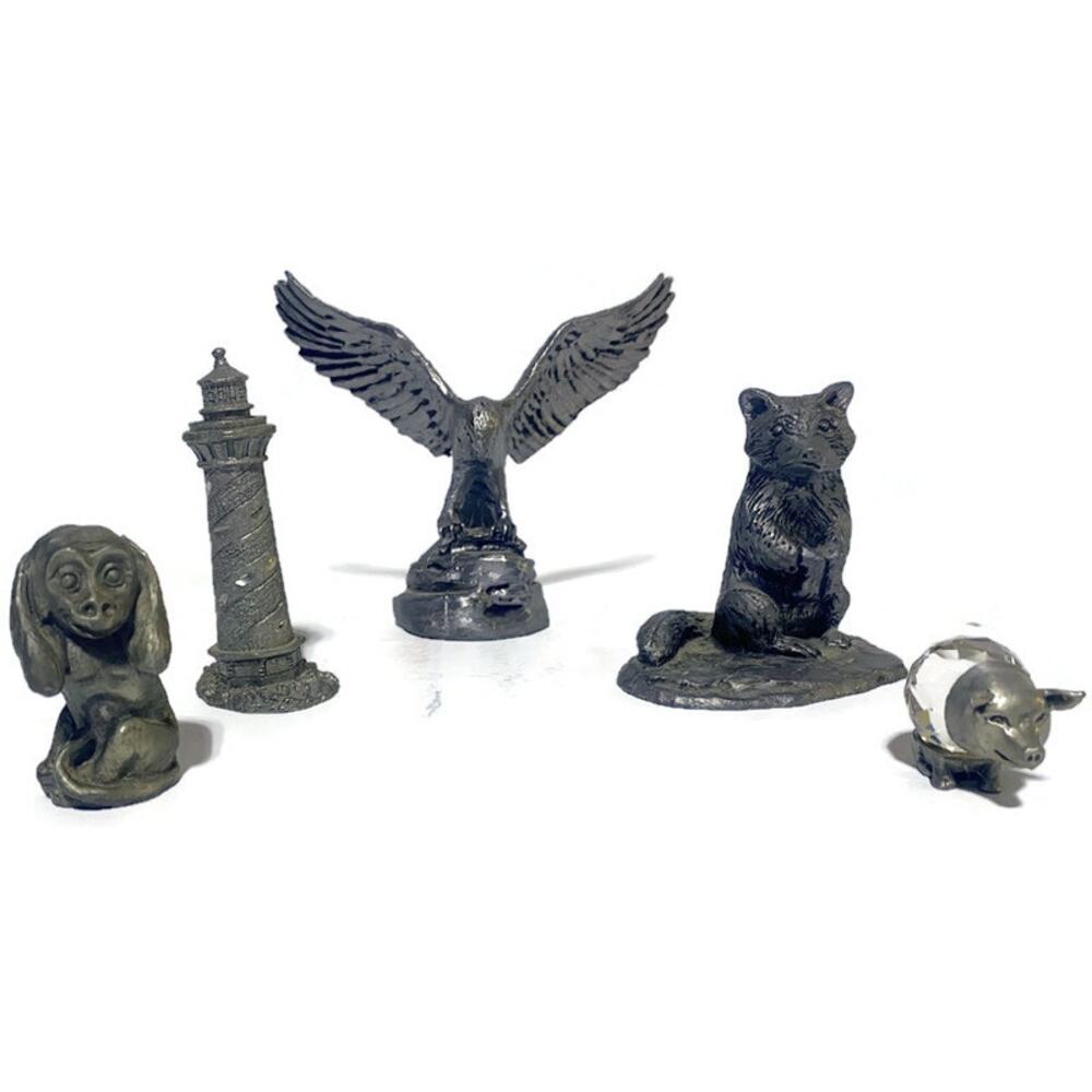 Pewter Figurines Set of Five American Eagle Raccoon Lighthouse Monkey Pig